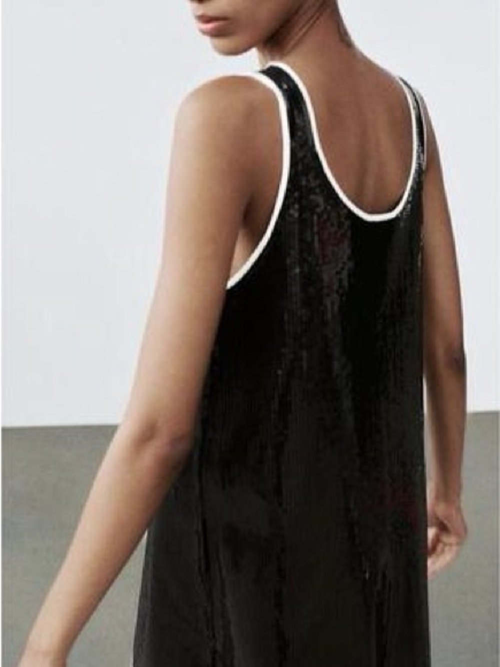 Zara Black Sequin Tank Mini Dress with White Trim - Picture 3 of 11